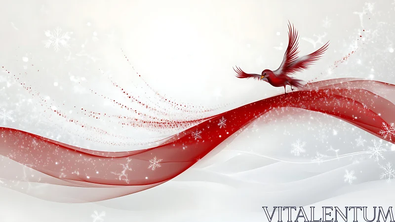 Red bird on abstract red winter wave background artwork.