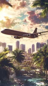 Passenger jet descends over tropical cityscape at sunset