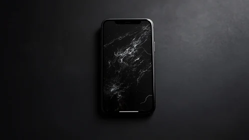 Smartphone on dark matte surface with marble screen glow.