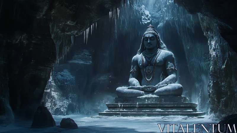 Photorealistic icy cavern with monumental meditative statue focus.