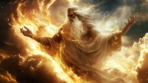 Mythic robed figure emerging from luminous storm clouds.