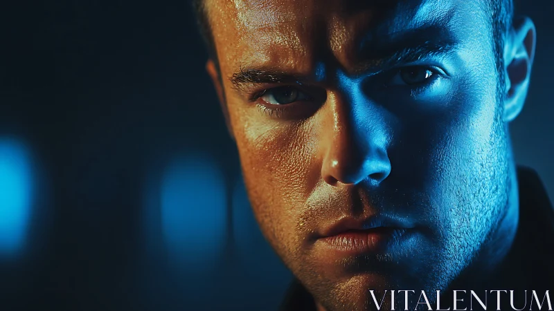 Moody male portrait with dramatic blue-orange split lighting.