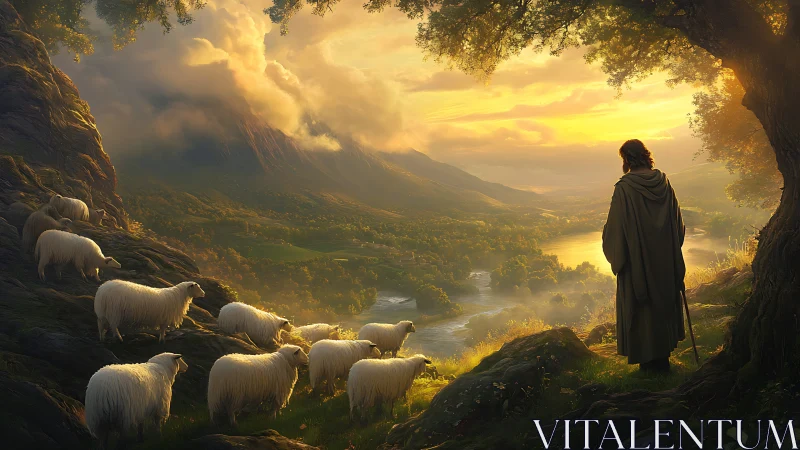 Shepherd watches sunlit valley flock at golden sunset.