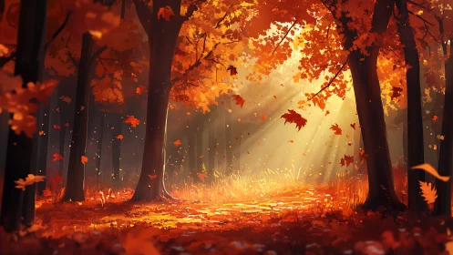 Radiant Autumn Forest Path Illuminated by Golden Sunlight