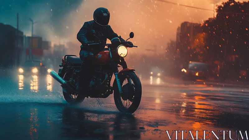 Cinematic biker in neon rain, low-angle urban night scene.