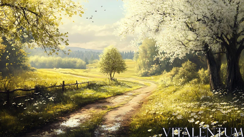 Sunlit country lane winding through a dreamy spring meadow.