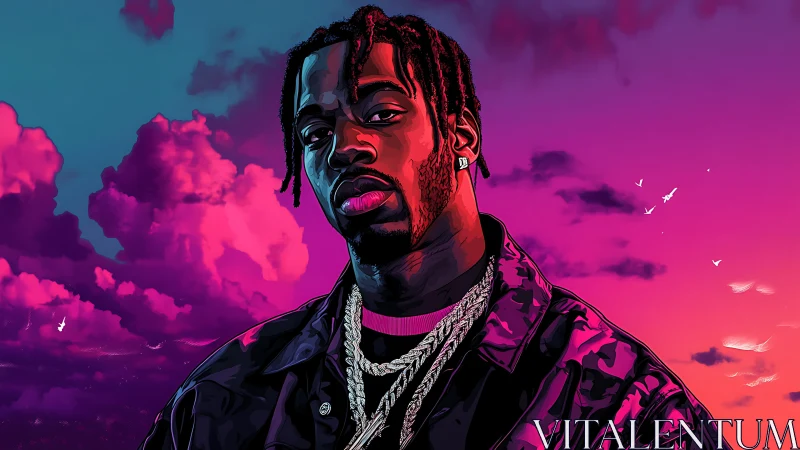 Digital portrait of man in chains against vivid sunset sky.