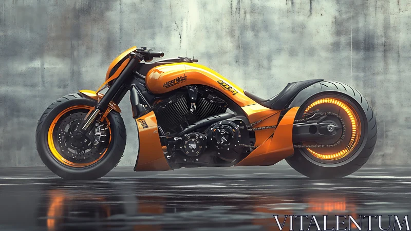 Orange low-slung concept motorcycle in wet urban setting.