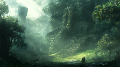 Ruin-covered cliff with lone cloaked figure in misty forest