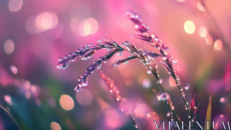 Macro pastel dew on grass blades with bokeh field depth.
