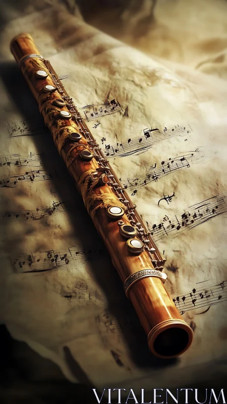 Weathered sheet music cradles a golden flute in warm dusk