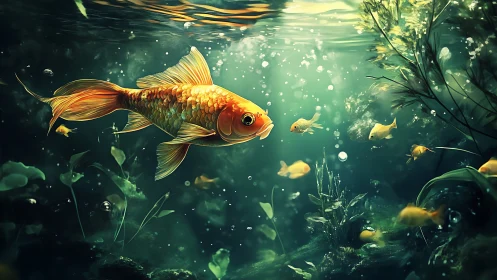 Large orange koi swims underwater among plants and bubbles