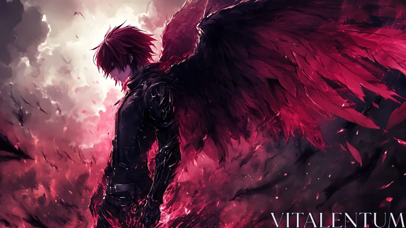 Crimson winged warrior in storm-lit atmospheric silhouette.