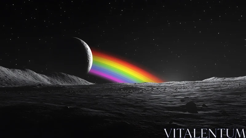 Moonlit rainbow gently arcs across a quiet cosmic horizon