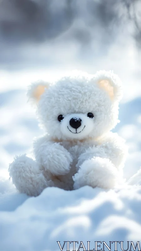 Snowy white teddy bear soaking up soft winter sunshine.