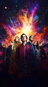 Group of people framed by vivid cosmic explosion background