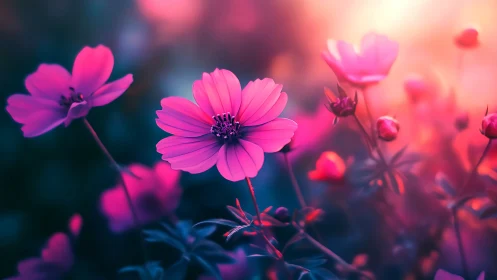 Luminous Pink Cosmos Flowers Bathed in Golden Sunlight