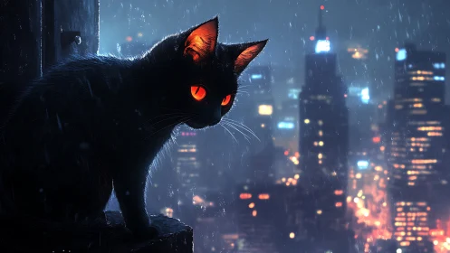 Black Cat with Glowing Eyes Over Neon Urban Cityscape