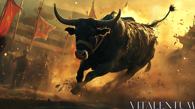 Charging bull races through golden dust and blazing sunlight.