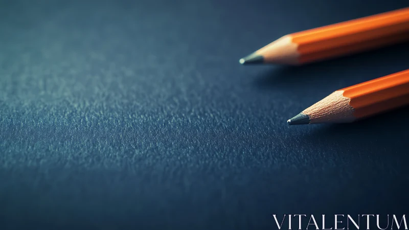 Twin orange pencils poised on deep blue quiet.