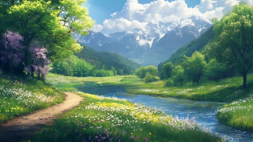 Serene mountain valley with river, wildflowers and path.
