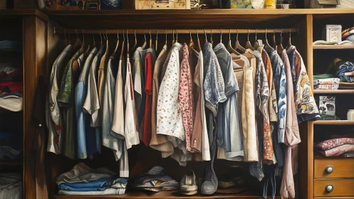Open Wardrobe with Organized Clothing on Wooden Rack