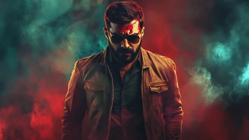 Brooding hero in leather jacket amid red teal smoke haze.