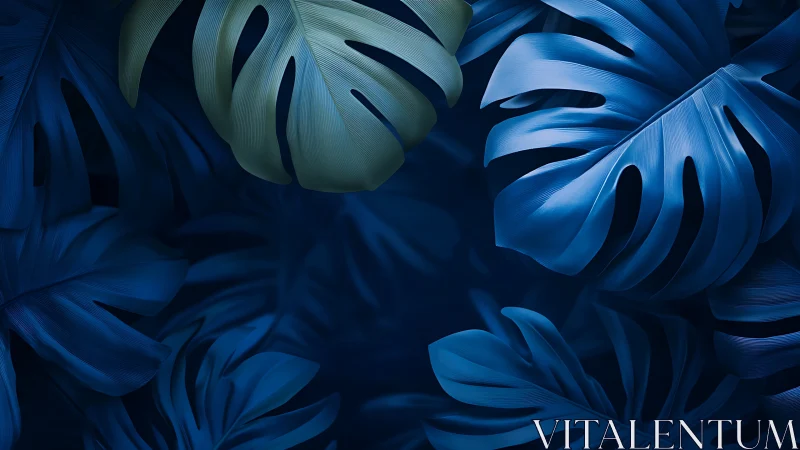 Spectral blue monstera foliage with hyperreal vein detailing.