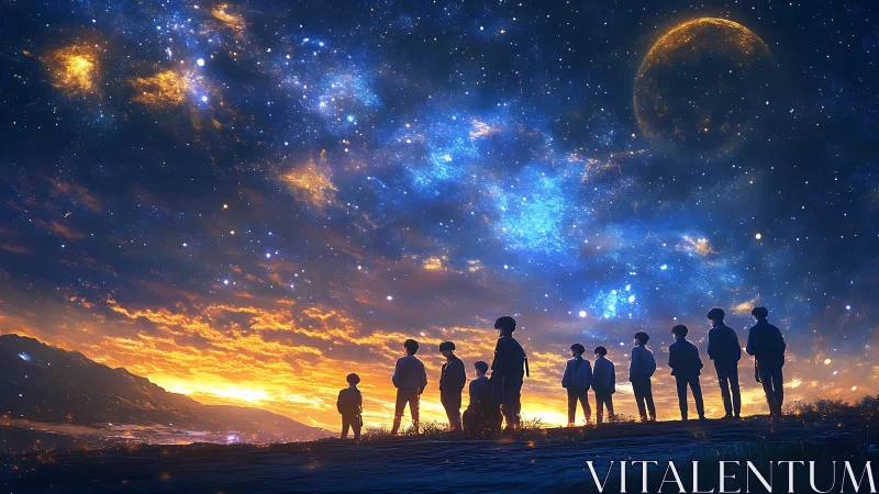 Friends gathered under a glowing galaxy sky at sunset.