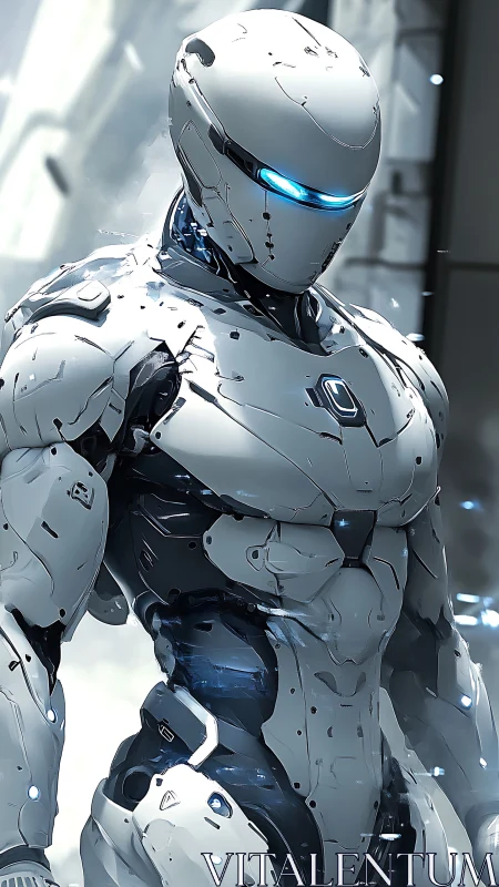 Calm futuristic android hero glowing with gentle blue light.