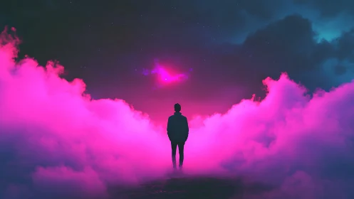 Silhouette stands in neon pink fog under dark starry sky.