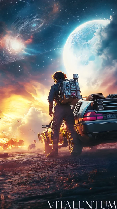 Time traveler observes cosmic rift beside retro car portal.