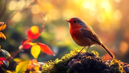 Vibrant Robin Perched on Moss in Sunlit Autumn Forest Scene.