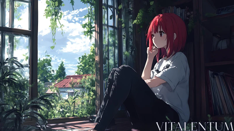 Quiet red-haired girl in sunlit window garden sanctuary.