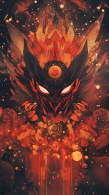 Infernal mechanoid deity rendered with radial fiery symmetry and runes