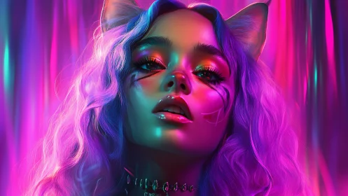 Neon cat girl gazes into glowing cyberpunk nightclub haze