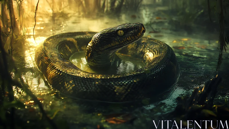Swamp monarch serpent coils in molten jungle sunlight haze.