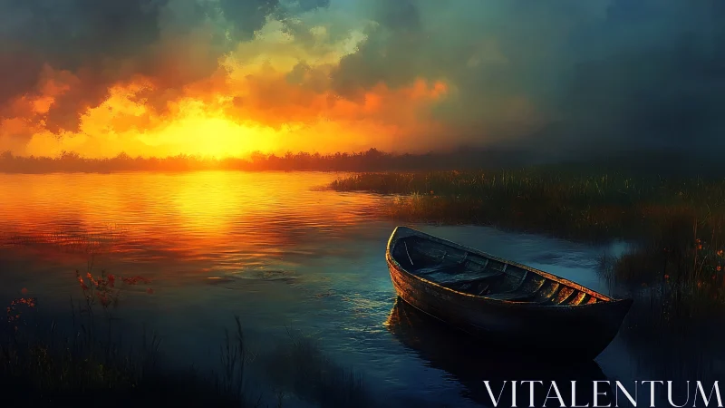 Solitary rowboat anchored in a luminous cinematic sunset lake