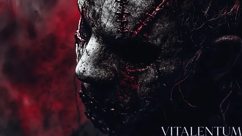 Stitched horror mask broods in bloodlit cinematic shadows