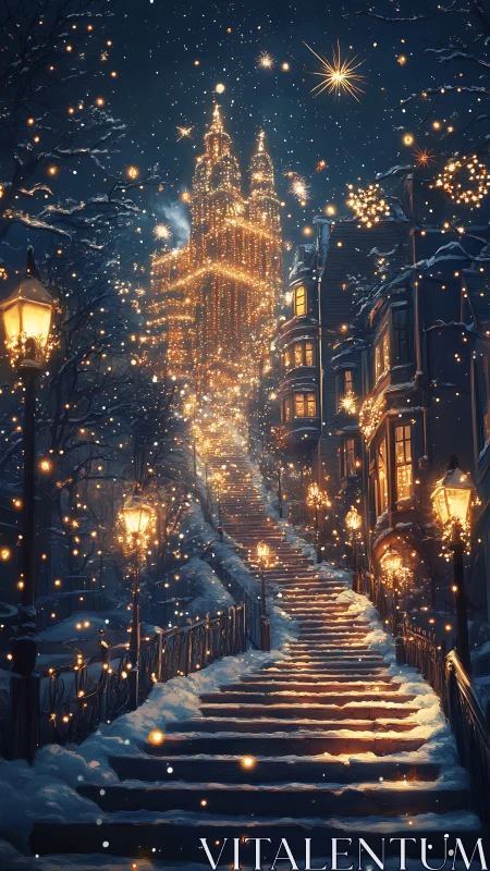 Snow-laden stairway ascends toward an illuminated cathedral tower