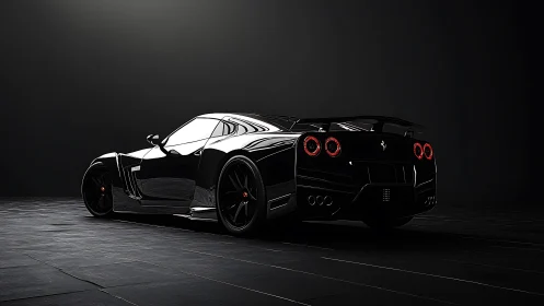 Low-key render isolates a black supercar with rear three-quarter view