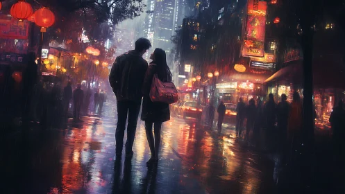Neon-Lit Urban Couple in Rain: Cyberpunk Street Photography Rendered