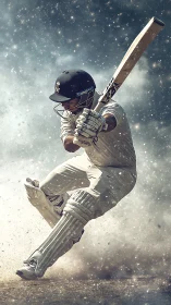 Cricket batter caught mid-swing in a storm of flying dust.