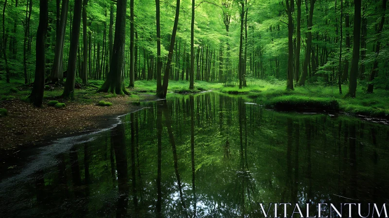 Serene green forest with reflective pond in soft natural light.