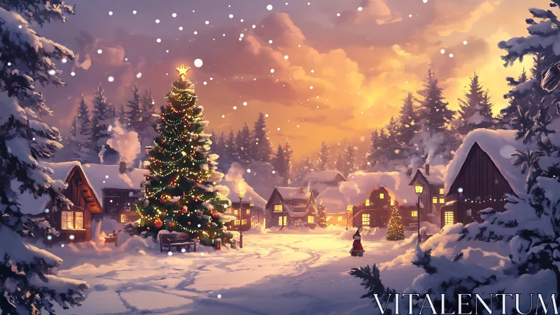 Snowlit Christmas village square with radiant fir tree.