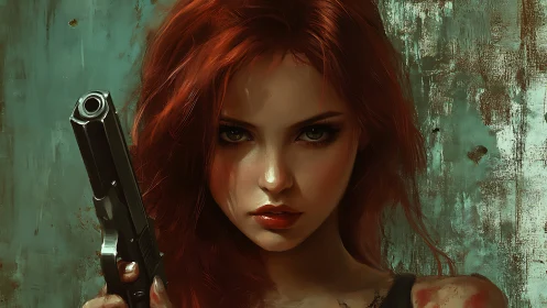 Red haired woman with handgun against weathered wall background.