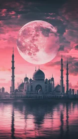 Mosque silhouette under oversized moon with pink sky.
