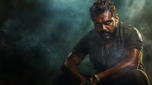 Bearded man in dark clothing posed amid dense smoke haze.