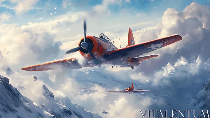 Prop-driven trainer aircraft cut through dynamic alpine cloud layers