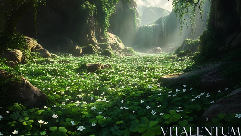 Lush forest clearing carpeted in clover and white flowers.